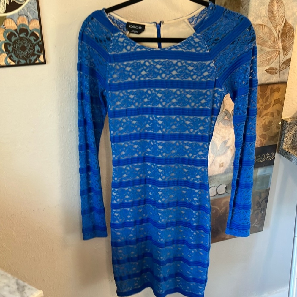 Bebe Blue Lace Dress with Long Sleeves Gorgeous Body-con Stretchy S - Picture 12 of 16